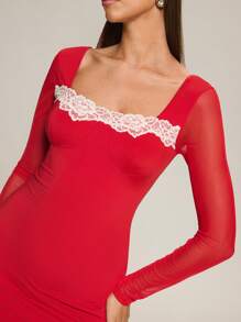 Glamine 女士春夏撞色蕾丝方领长袖开衩下摆优雅时尚连衣裙，适合情人节派对或特殊场合 - 紅色 - 查看 5