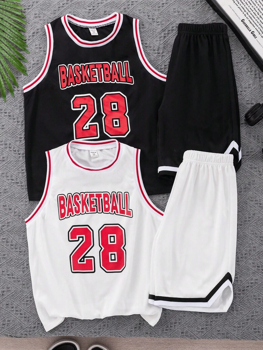 SHEIN Leap Crew 4pcs Tween Boys' Casual Versatile Number Print Rib Collar Sleeveless Loose Knit Tank Top And Shorts 2 Pieces Set, 2 Designs X 1 Set - Multicolor - View 1