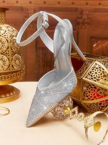 CUCCOO TILAWA Women Fashion Pointed Toe Full Rhinestone Sexy Backless Silver High Heel Party Sandals, Strap Ankle Strap Ladies Pumps