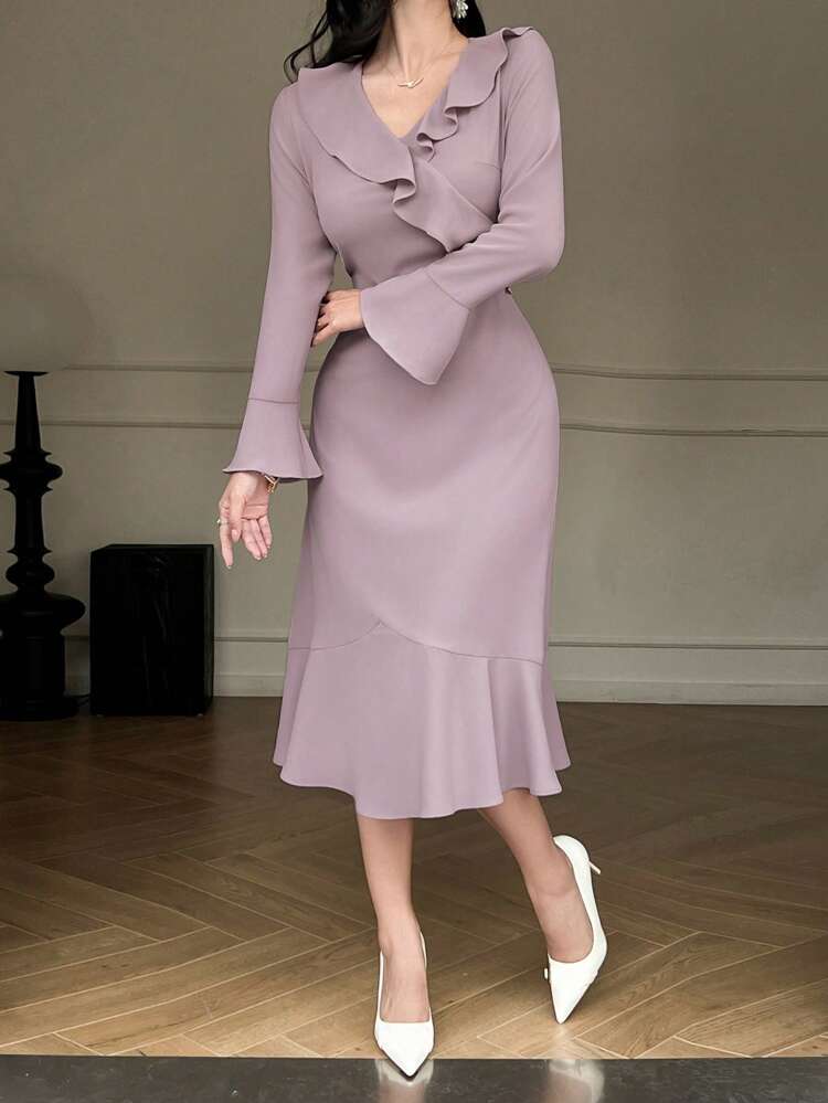 Solid Color V-Neck Ruffle Hem Mermaid Midi Dress For Women,Fall Dress Long Sleeve Dress