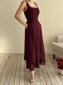 DAZY Women's Red Burgundy Square Neck Layered Elegant Midi Dress Elegant Sundress Christmas - Burgundy - View 3