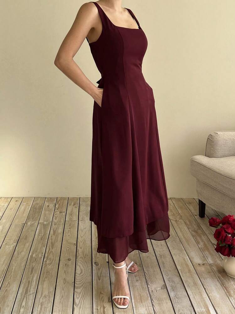 DAZY Women's Red Burgundy Square Neck Layered Elegant Midi Dress Elegant Sundress Christmas - Burgundy - View 3