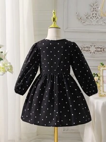 年轻女孩编织圆点泡泡袖修身连衣裙 - 黑與白 - 查看 2