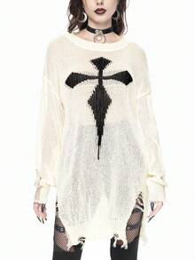 ROMWE Goth Women's Loose Fit Fringe Cross Pattern Long Sleeve Pullover Sweater