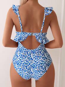 Swim Mod 1pc Ditsy Floral Cut-Out Ruffle Trim One-Piece Swimsuit, Random Print Pattern, Suitable For Beach & Holiday For Summer Beach Vacation