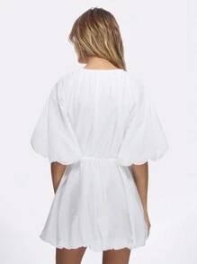 MISSGUIDED Puff Sleeve Mini Dress With Drawstring Waist Bubble Hem Evening Party Cotton Poplin Summer Spring Fashion Tie Front V-Neck Style - White - View 2