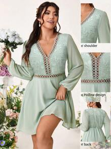 Allurite Lace Hollow Textured Fabric Splice V-Neck Dress, Wedding