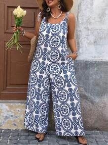 SHEIN VCAY VCAY Plus Size Boho Retro Print Sleeveless Jumpsuit, Vacation Retro Style Vacation Outfits Woman Summer Outfits For Women Valentine's Day Spring Outfits For Women Tropical Vacation Woman Festival