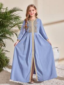 Tween Girl Casual Floral Trim Ribbons Long Dress - Blue - View 10