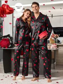 LuxeNights 缎面心形字母印花翻领长袖上衣和裤子睡衣套装，适合情人节、秋冬季穿着 - 黑色 - 查看 6