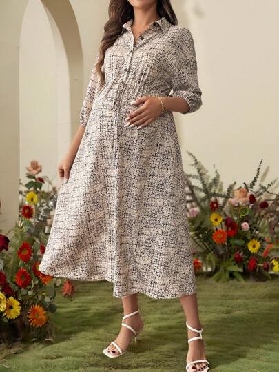 SHEIN 孕妇扎染印花灯笼袖纽扣半襟腰系带休闲衬衫连衣裙