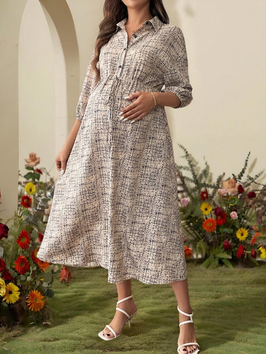 SHEIN 孕妇扎染印花灯笼袖纽扣半襟腰系带休闲衬衫连衣裙 - 卡其色 - 查看 1