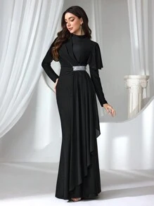 Coutiva Formal Evening Gown For Women, Fashionable High-Necked Spring And Summer Different-Material Splicing Waist Slimming Black Dress, Suitable For Parties, Wedding Guests, Opening Ceremonies, And Coming-Of-Age Ceremonies. The Waist Sequin Splicing Design Makes You Look Slimmer Visually. The Chiffon Fabric Splicing Design On The Upper Body Is Fashionable, Unique And Elegant, Party Dress