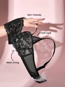LUVLETTE 女士内衣休闲曲线半罩杯聚拢透气钢圈性感无衬里黑色蕾丝优雅网眼迷你文胸新娘内衣
