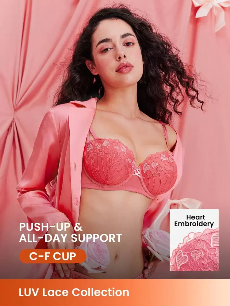 ピンクの刺繍エレガントランジェリーラウンジ、カーブ、プッシュアップ&通気性のあるアンダーワイヤー、セクシーなノンパディングハートレースバルコネットブラ、ブライダルインナー