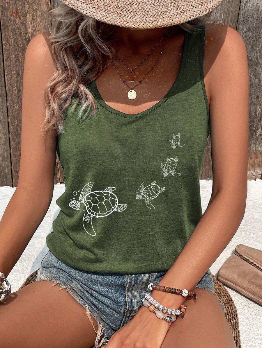 INAWLY 女士休闲海龟印花背心 - 軍綠色 - 查看 1