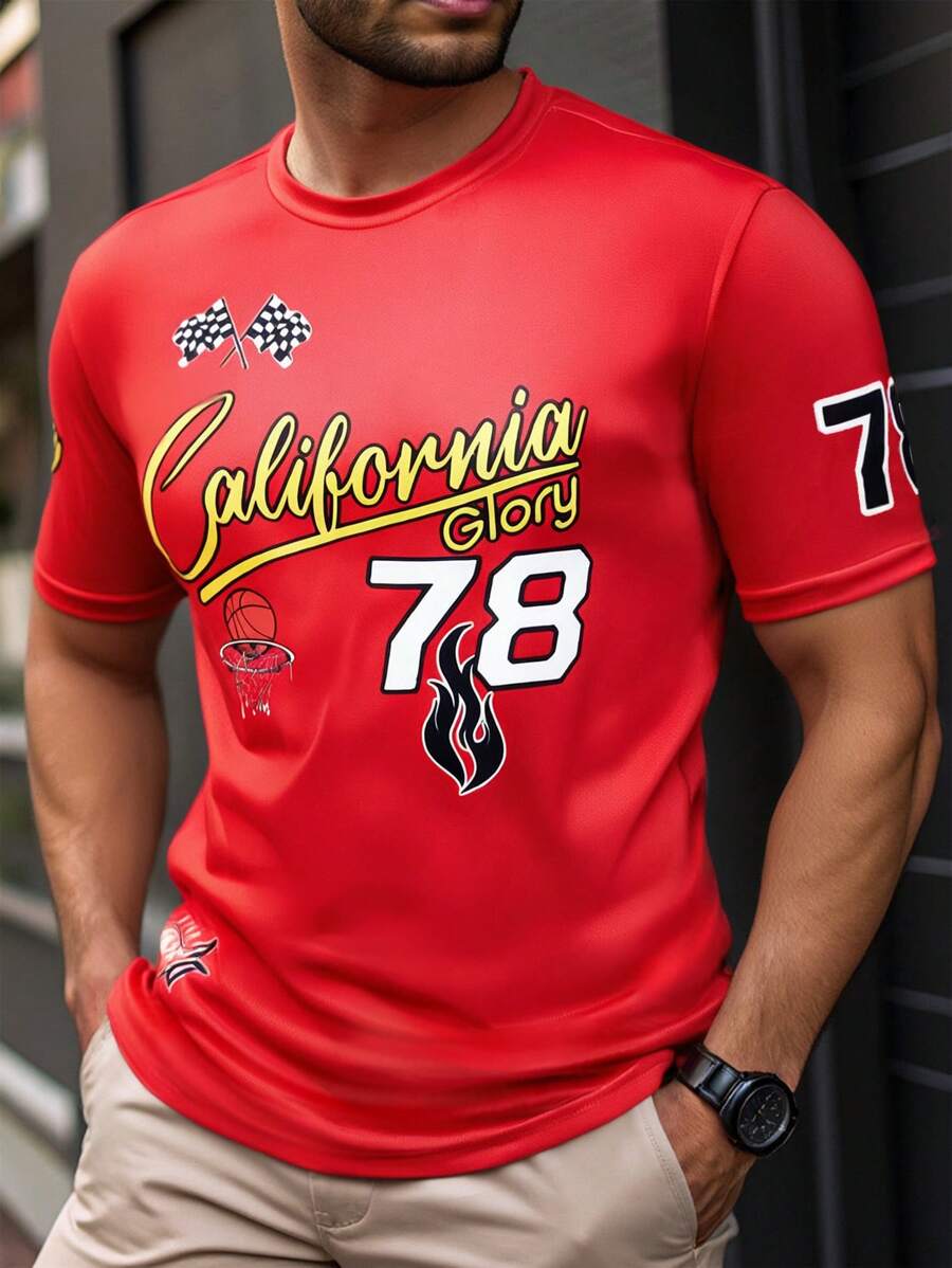 Manfinity Homme Plus Size Men's Round Neck Short Sleeve Letter Print Casual T-Shirt - Red - View 1