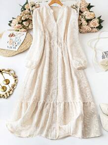 DreamSkyne Plus Size Elegant Solid Color Cut-Out Neck Autumn Dress - Apricot - View 1