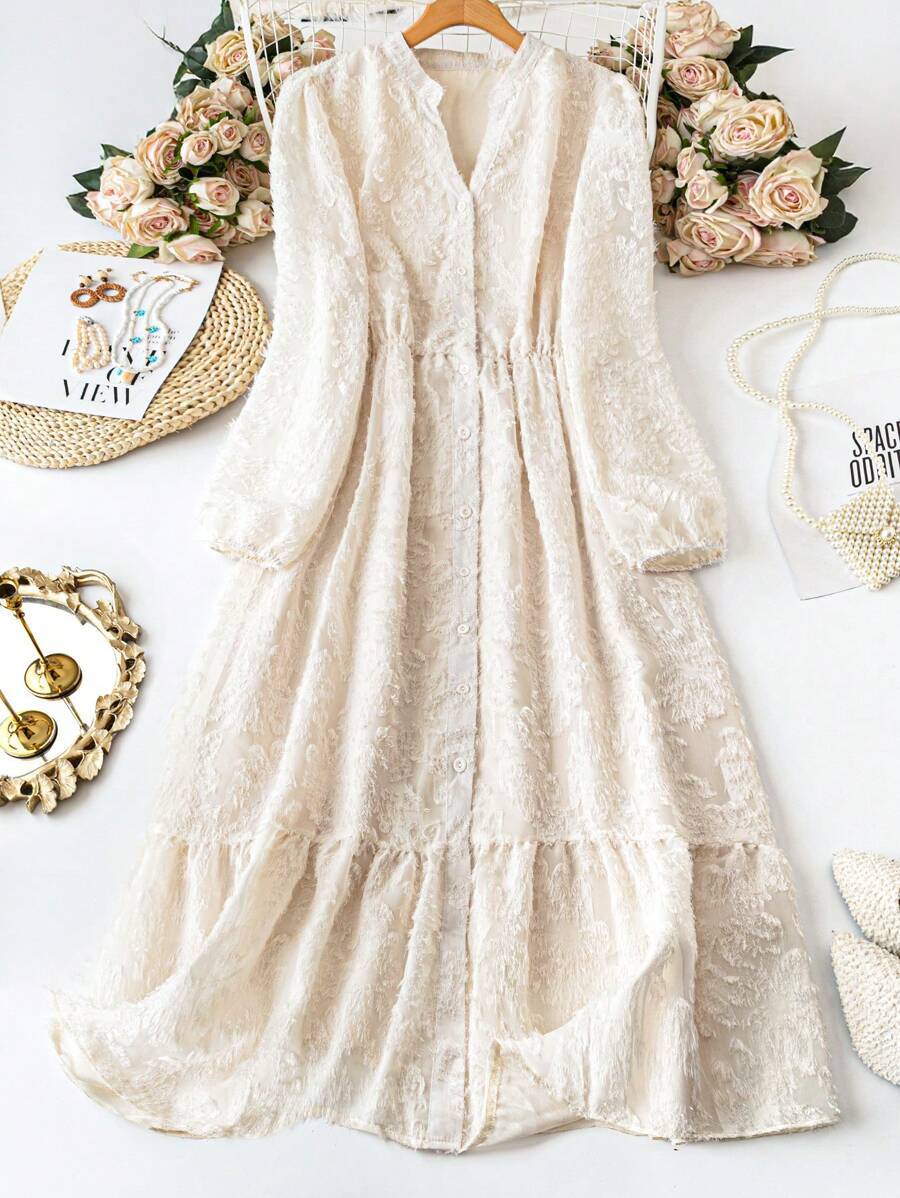 DreamSkyne Plus Size Elegant Solid Color Cut-Out Neck Autumn Dress - Apricot - View 1