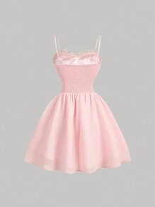 SHEIN MOD 女士粉色网眼可爱蝴蝶贴花浪漫连衣裙