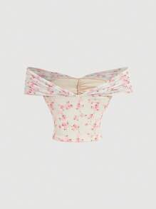 SHEIN MOD Blusa beige de mujer con hombros descubiertos, fruncida, con tirantes cruzados y estampado floral diminuto - Albaricoque - Ver 2