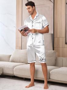 CoupledUp Men's Faux Silk Printed Pajama Set With Open Front