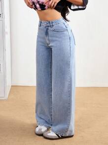 SHEIN PETITE 女士口袋宽松阔腿休闲牛仔裤，百搭 - 藍色 - 查看 3
