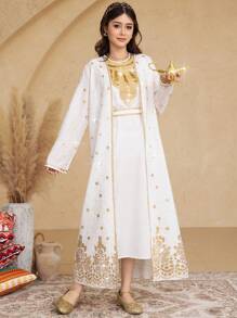 SHEIN 2pcs Teen Girls Fashion Foil Print Dress Set, Elegant Long Robe - White - View 3