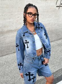 SHEIN Teen Girls Y2K Grunge Punk Y2k Retro Fashion Cross Embroidered Ligh Washed Crop Denim Jeans Jacket, Girls Summer Fashionable Concern Outfits - Light Wash - View 8