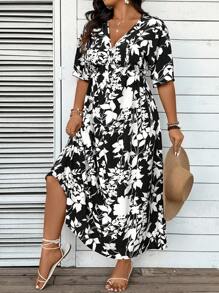 SHEIN VCAY 大码花卉印花短袖休闲连衣裙