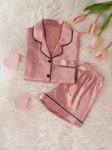 Meisjes pyjamaset met satijnen hartpatroon, korte mouwen en korte broek, loungewear