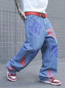 Manfinity Roghcode Men's Casual Letter Print Pocket Jeans, Simple And Comfortable For Daily Wear - Medium Wash - View 3