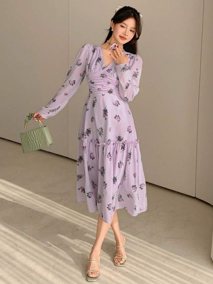 V-Neck Ruched Floral Print Puff Sleeve Midi Dress For Women,Fall Dress Long Sleeve Dress Boho