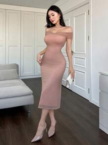 DAZY Elegant Solid Color V-Neck A-Line Midi Dress For Women, Summer Elegant Sundress,Formal Women Dresses Off Shoulder Top - Pink - View 4