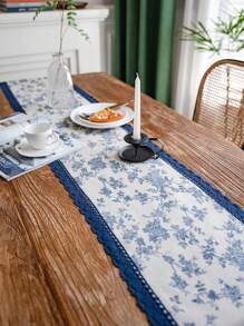 French Luxurious Vintage Printed Table Runner, Navy Blue Lace Edge Rectangle Tablecloth, Multi-Purpose Decorative Cover Cloth For Daily Gathering, Birthday Party, Table Decor,Fall Decor,Autumn Decor,Room Decor - Blue and White - View 2