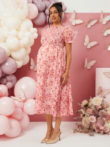 Loomaby Maternity Elegant Ditsy Floral Puff Sleeve Party Dress, Gender Reveal Dress - Pink - View 4