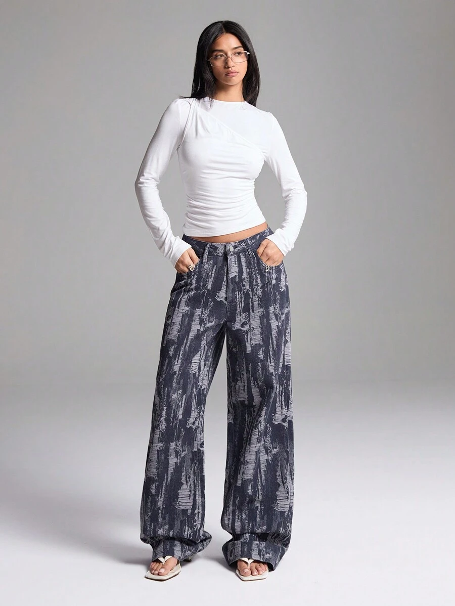 LYSMO 女式前扣口袋印花休闲牛仔裤，简约风格