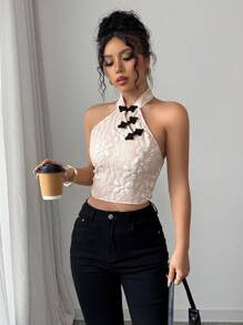 Elenzga Women's Floral Jacquard Button-Down Sleeveless Tank Top - Khaki - View 5