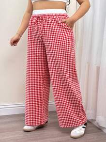 SHEIN ICON Plus Size Red & White Plaid Double Waistband Casual Straight Leg Pants, Spring/Summer - Red and White - View 3