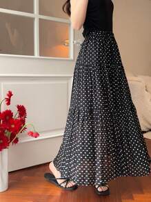 DAZY Women Polka Dot Chiffon Versatile Black & White Skirt Fall Skirts
