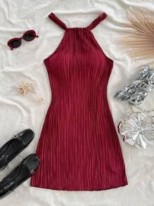 Soleia Halter Neck, Fitted, Solid Color, Pleated Mini Dress,Summer Dresses For Women - Burgundy - View 3