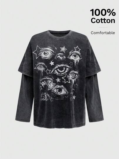 Grunge Punk T-shirt ample avec lavage décontracté, imprimé œil, look superposé, inspiré de la sous-culture/dystopique