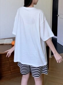 DAZY 2件套女士笑脸条纹宽松短裤和短袖睡衣套装睡衣 - 白色 - 查看 2
