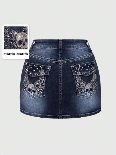 Grunge Punk Minifalda de mezclilla ajustada con decoración de alas de esqueleto con rhinestones en el estilo retro Y2K para mujeres