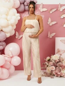 Loomaby Pregnant Women's Solid Color Pleated Casual Jumpsuit - Khaki - View 3