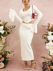 SHEIN Essnce Women 2 Pieces Set Includes: Elegant Solid Color Bell Sleeve Crop Top And Fish Tail Hem Skirt Fall Cloth For Women - White - View 5