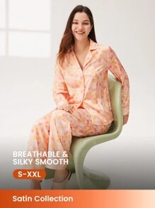 LUVLETTE Conjunto de pijama de satén sedoso con estampado floral, blusa con botones y pantalones con bolsillos, conjunto de lencería para mujer