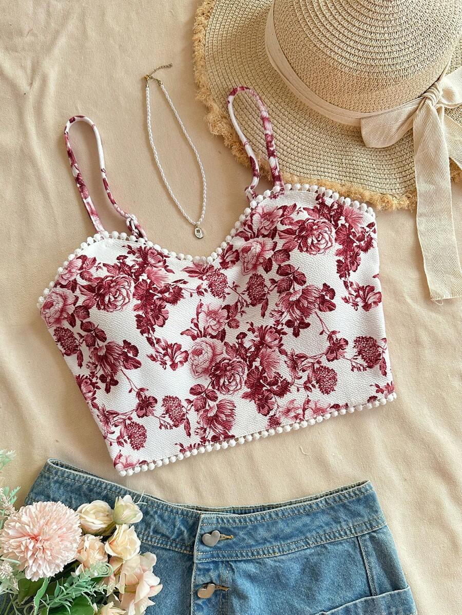 SHEIN VCAY Top corto ajustado de punto con estampado floral retro para mujer, ideal para vacaciones de verano y primavera, de uso casual