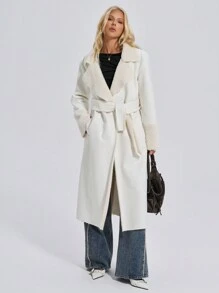 EURMUSE Coat With Lapels, Slant Pockets, Belt - White - View 6