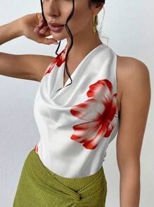Firerie Blusa elegante, romántica y fashionable para el día a día, adecuada para fiesta, vacaciones, citas románticas y atuendo de boda, cumpleaños, Día de San Valentín - Blusa naranja con estampado floral, tipo halter y tirantes